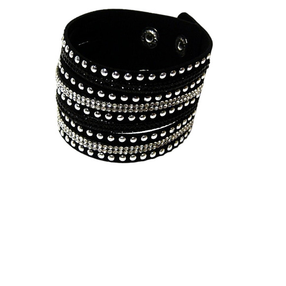 Black Faux Suede Wide Multi strand Rhinestone Studded Goth Glam style Bracelets - Picture 3 of 3